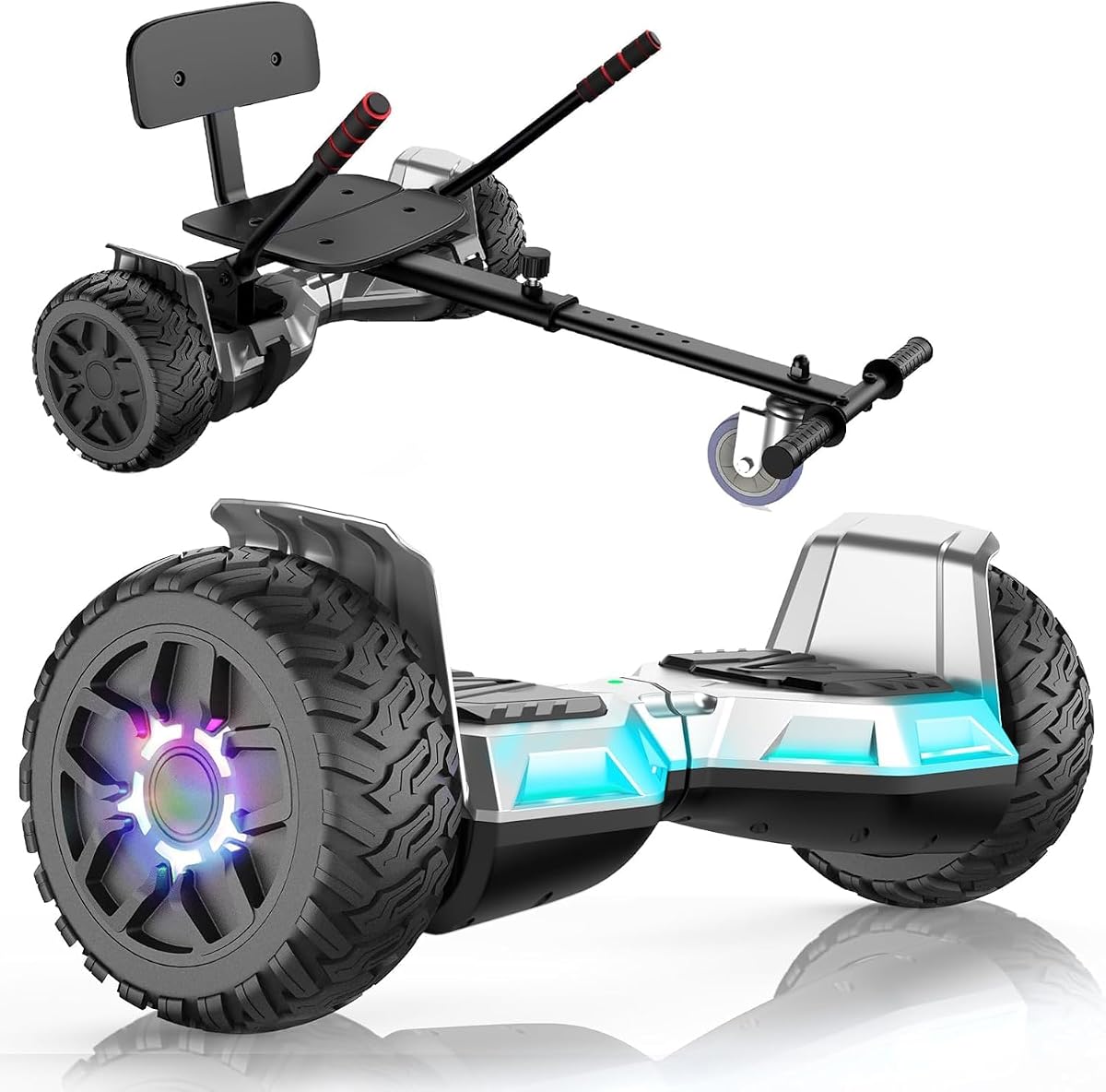 SISIGAD Scooter Seat Attachment, 8.5'' Self Balancing Scooters Go Kart with Bluetooth and LED Lights, Silver+Black