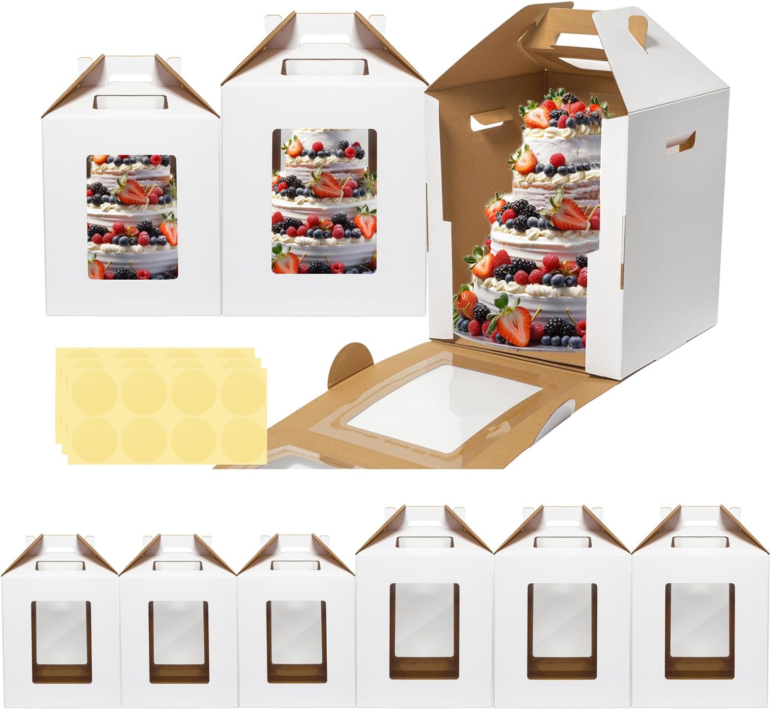 Mcfleet 6 Pack Tall Cake Box for Tier Cake with Window 2 Sizes 10x10x12 & 12x12x14 Inch, Disposable Large Layer Bakery Carrier with Handle - Bakery Safe Transport Box for Wedding, Birthday, Party