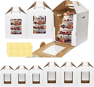 Tall Cake Box 6 Pack Tier Cake Boxes with Window 2 Sizes 10x10x12 & 12x12x14 Inch, Disposable Large Layer Cake Carrier with Handle - Cake Safe Transport Box for Wedding, Birthday, Party