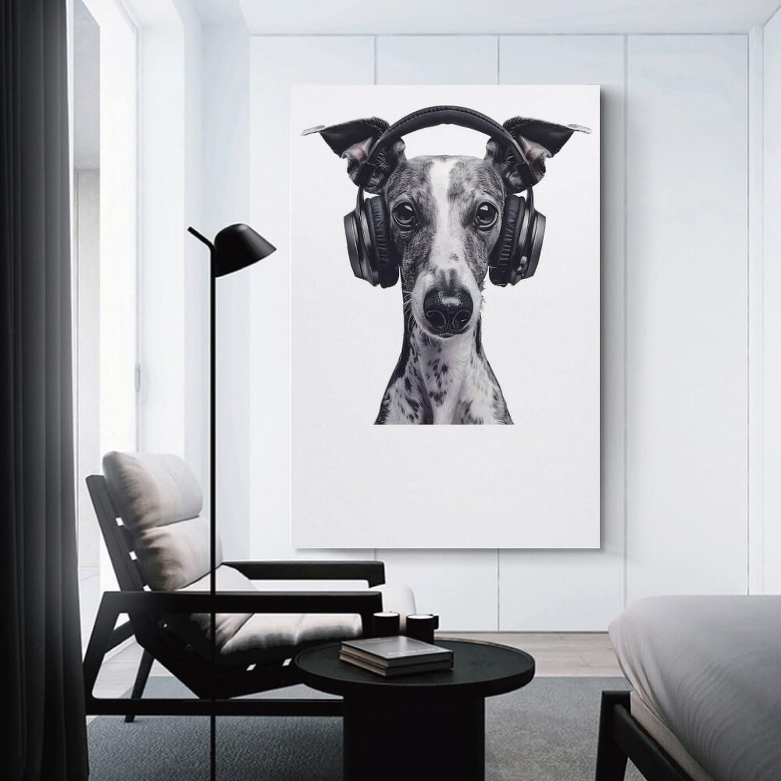Junmoney Unframe-Whippet Headphones Decorative Wall Artwork Whippet Headphones, 24X36inch(60X90cm), For Lounge, Bedroom Or Personal Spaces, Thoughtful Wall Decor For Art Lovers