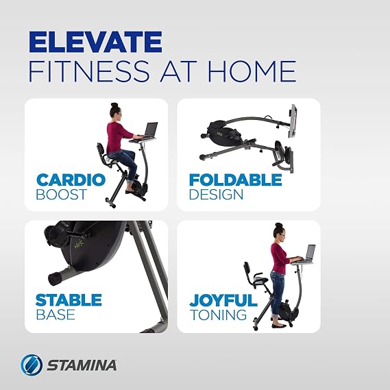 Stamina Wirk Ride Exercise Bike - Foldable Fitness Bike with Workstation and Standing Desk - Stationary Bike for Home Workout - Up to 250 Weight Capacity