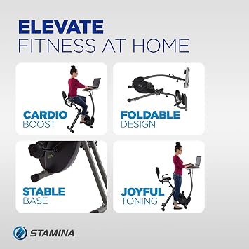 Stamina Wirk Ride Exercise Bike - Foldable Fitness Bike with Workstation and Standing Desk - Stationary Bike for Home Workout - Up to 250 Weight Capacity