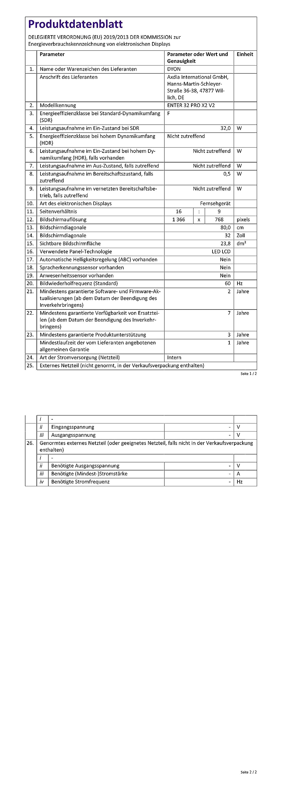 Dyon Enter 32 Pro X 80 Cm 32 Zoll DYON Enter 32 Pro X2 80 cm (32 Zoll) Fernseher (Triple Tuner (DVB-C/-S2