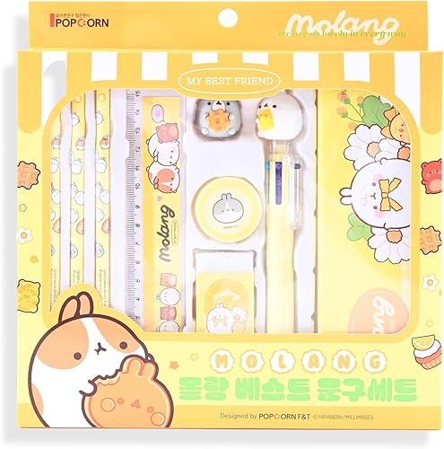 Molang Best School Stationery Set  Kit coreano Kawaii (lápiz 3 piezas, borrador, sacapuntas, estuche, bolígrafo de 6 colores, figura, regla),