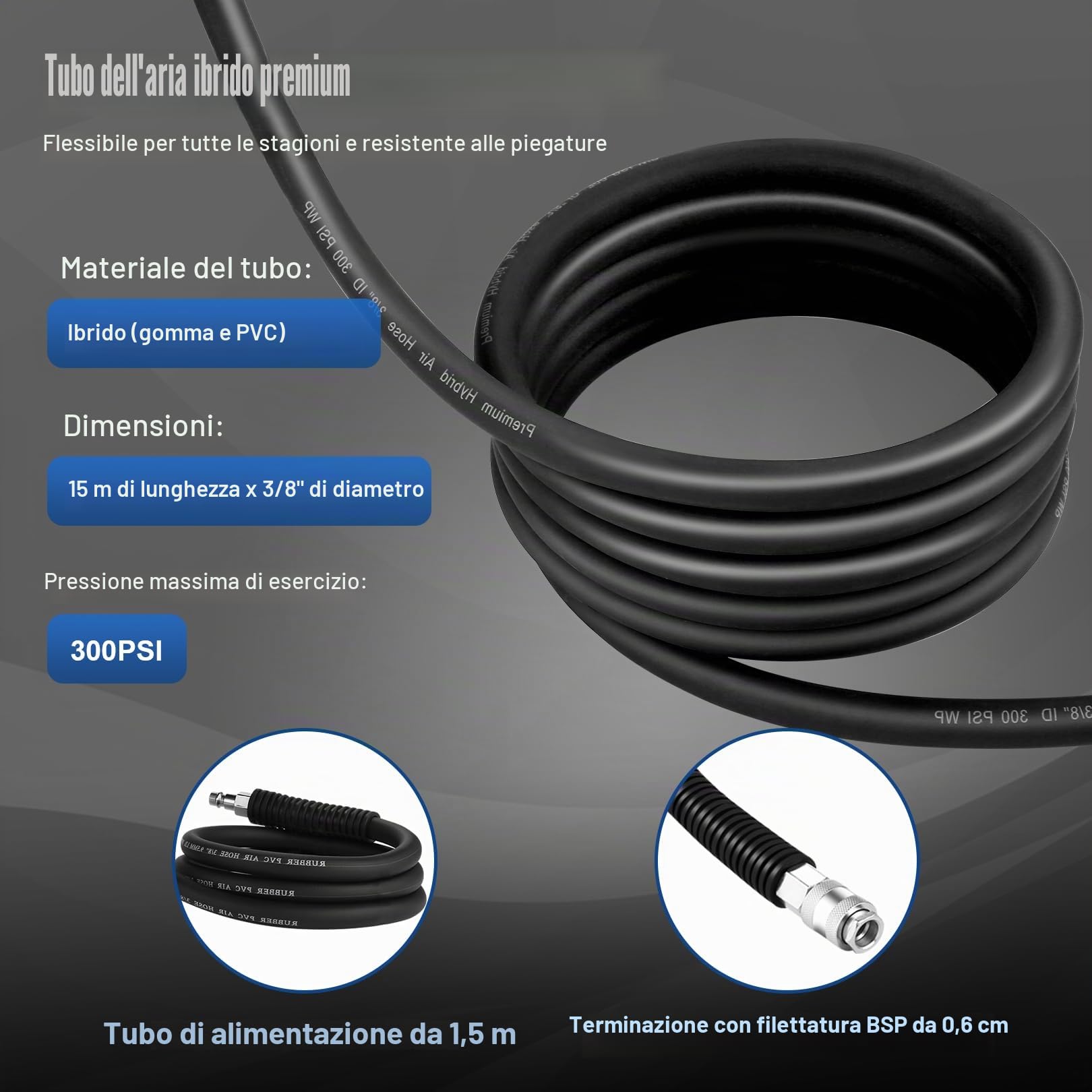 Avvolgitubo ad Aria Compressa con 9,5mm x 15m + 1.5m Tubo, 1/4" BSPT Raccordi Rapidi, Avvolgitubo da Parete per Aria Compressa, Arrotolatore Riavvolgimento Automatico, Max 12 Bar