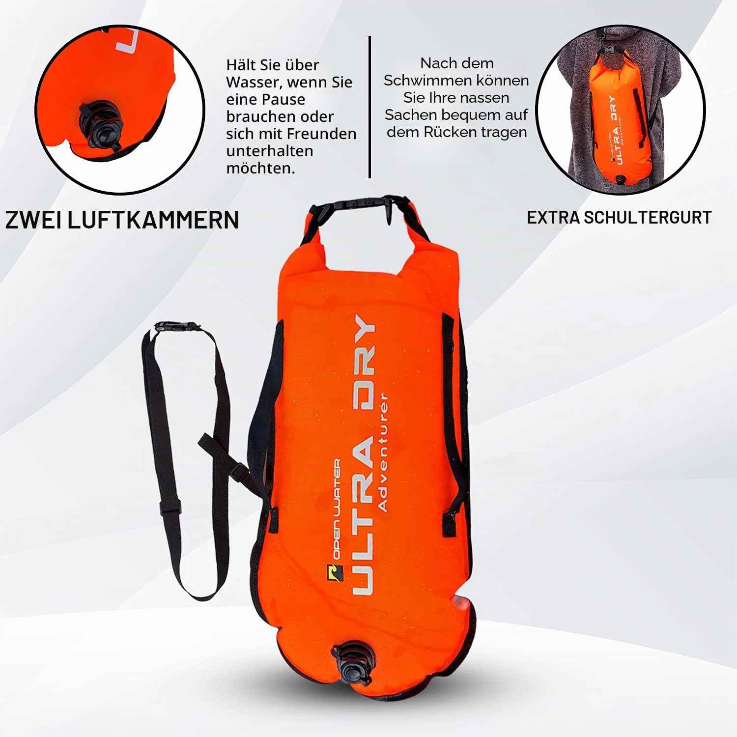 Swim Buoy Tow Float Gut sichtbarer Schwimmschwimmer Trockensack mit verstellbarem Hüftgurt, Tragegurt, wasserdichte Handyhülle für offenes Wasser, Wassersport, Schwimmen, 28L Orange