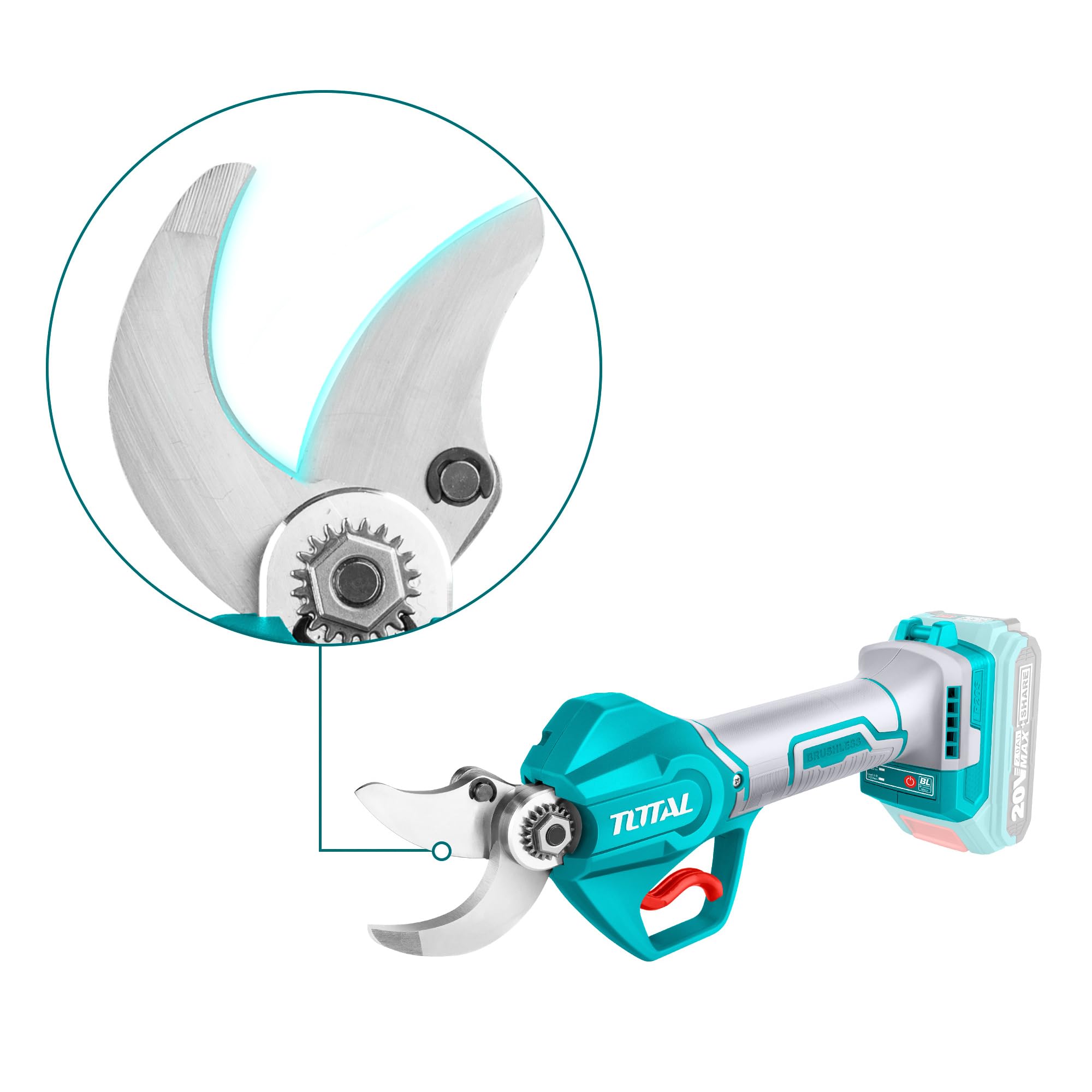 TOTAL - Set de Tijeras de Podar Eléctricas Profesionales - Motor Brushless - Corte hasta 30mm - Incluye Batería de Litio 20V 2Ah y Cargador Rápido - Ideal para Jardinería
