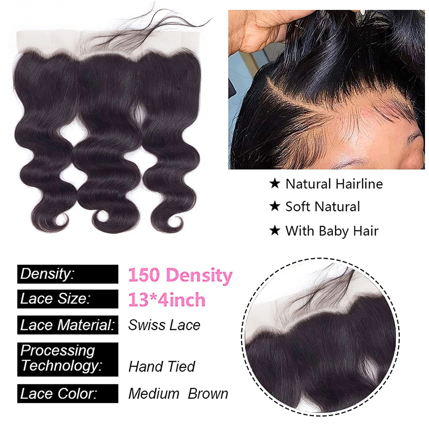 13x4 Frontal Straight Transparent Lace Closure Lace Frontal Human Hair Closure Pre Plucked with Natural Hairline Ear to Ear Unprocessed Brazilian Hair Natural Color for Women 16 Inch - Image 3