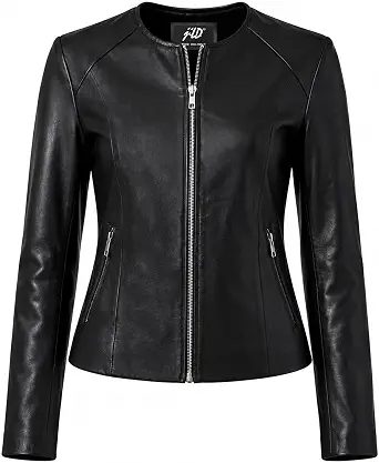Jild Stylish Collarless Leather Jacket Women – Slim Fit Elegant Style Womens Lightweight Lambskin Leather Jacket