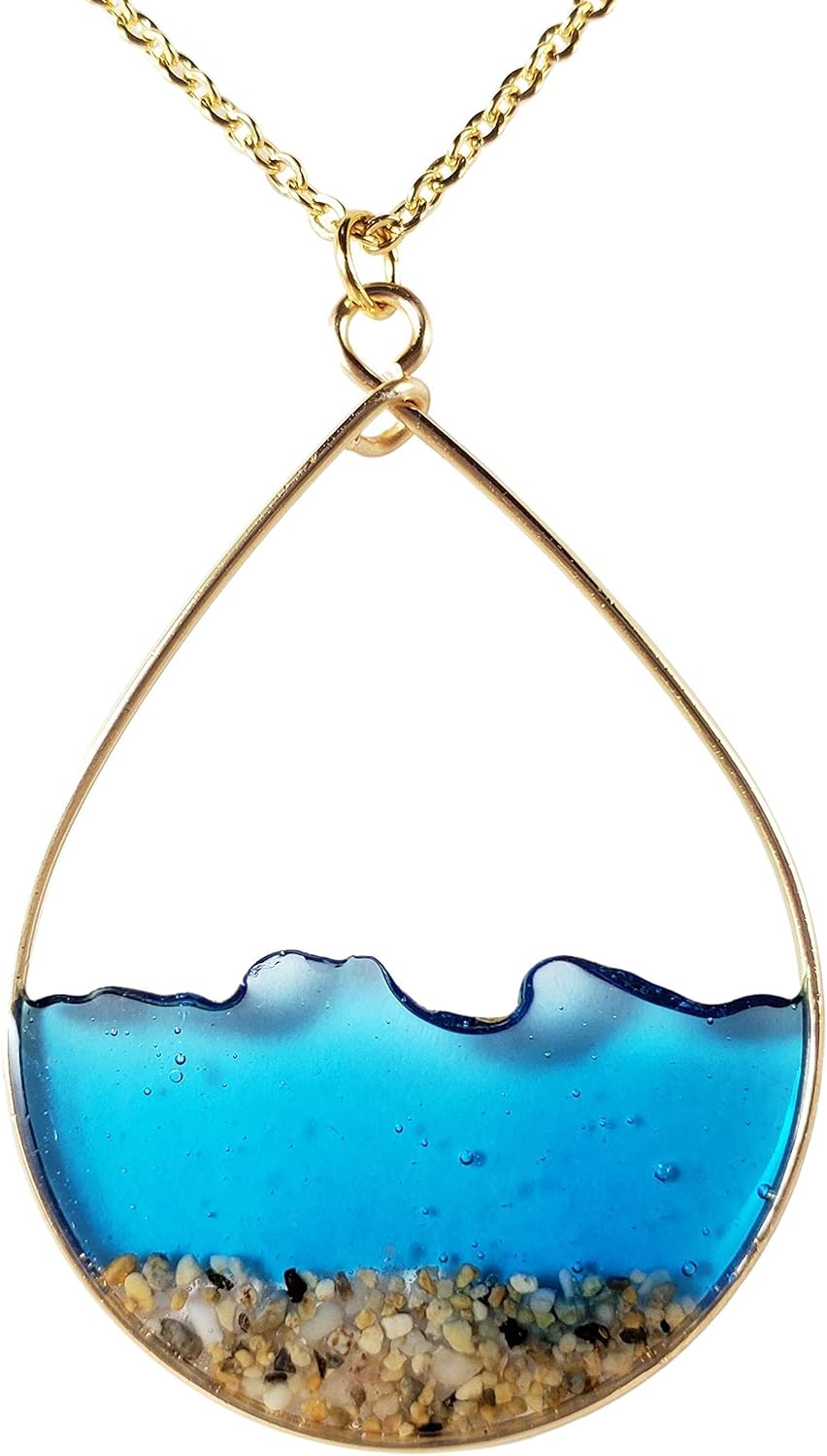 Blue water and sand yellow gold necklace-hypoallergenic for sensitive skin, Handmade in Hawaii Beach Jewelry