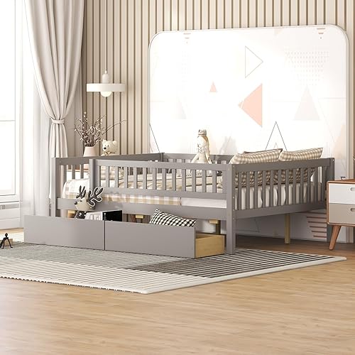 Epinki Cama de madera tamaño matrimonial con 2 cajones, gris, marco de cama para niños, no necesita somier, fácil montaje