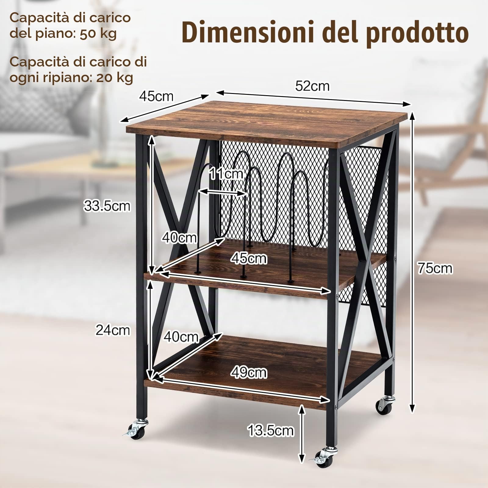 GIANTEX Mobiletto per Dischi con 3 Ripiani, Carrello in Ferro con 4 Ruote Rimovibili, Scaffale per CD e Libri, 52x45x75 cm