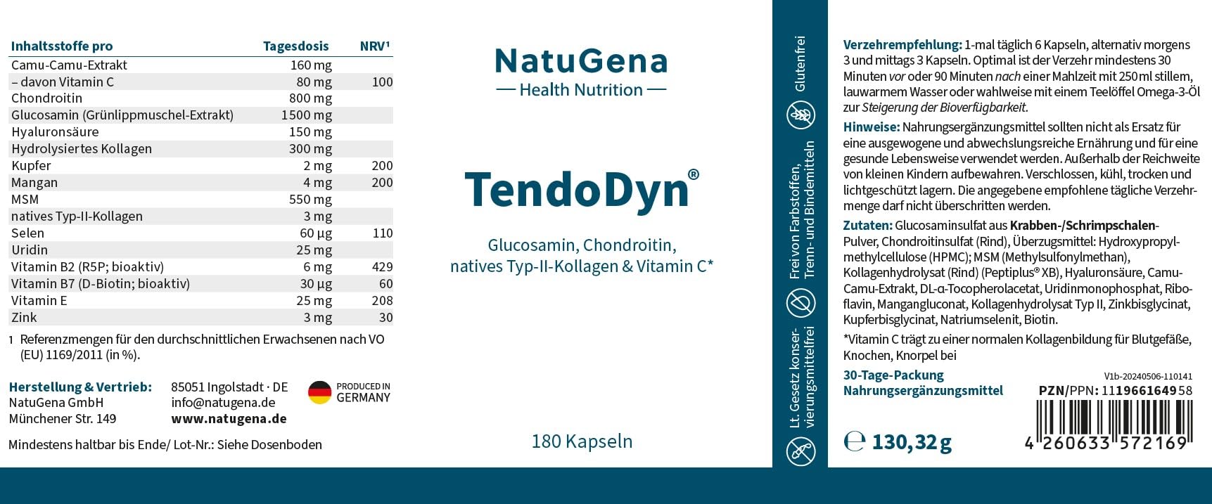 NatuGena TendoDyn Glucosamin, Chondroitin & natives Typ-II-Kollagen, zum Erhalt der Knochen, Zähne, Nägel und Bindegewebe, Kapseln (1 Monats Packung)