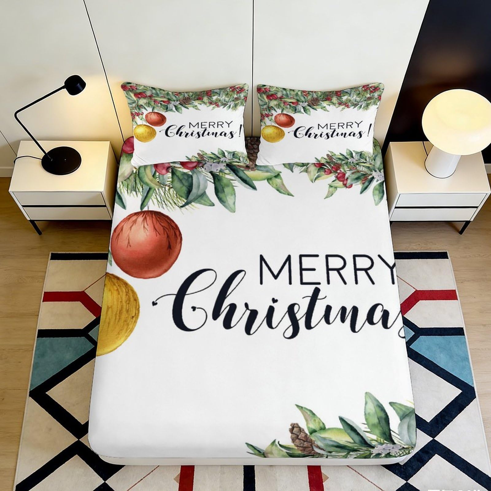 3D Printed Christmas Ornament Fitted Sheet Microfiber Festive Pine Cone Mattress Cover for Bedroom Guest Room Decor 120x200cm 90x200x25cm