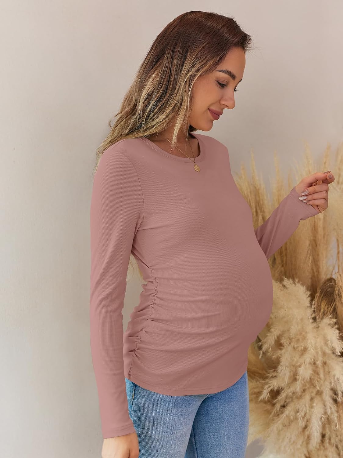 Women's Maternity Fall Tops Long Sleeve Crew Neck Ribbed Knit Slim Fitted Blouse Side Ruched Pregnancy Shirts