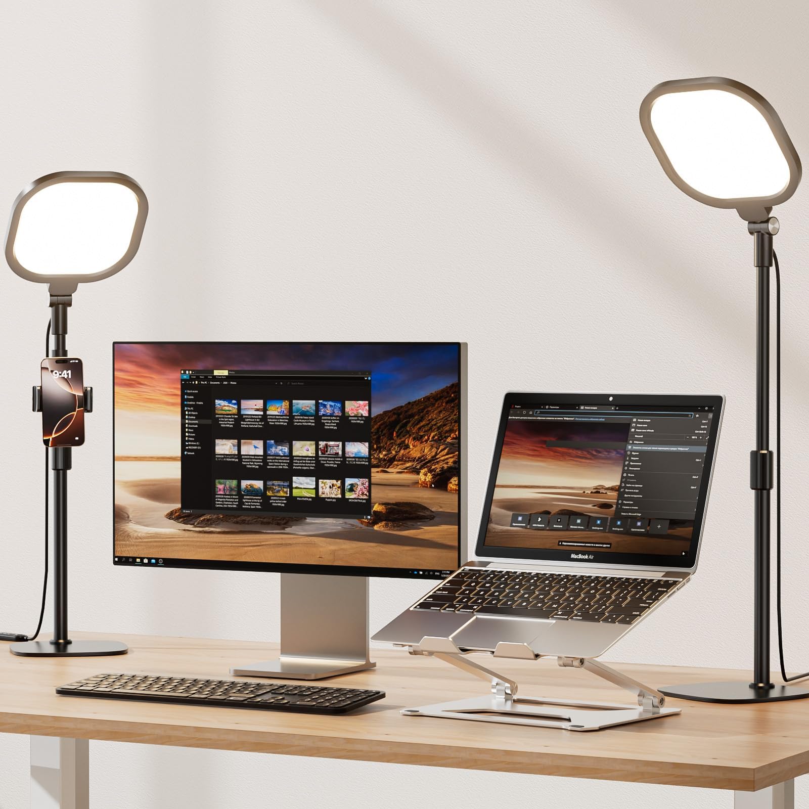 LitONES Ringlicht mit Stativ, Tisch Handy Laptop Ringleuchte, 30 Lichtmodi, Schreibtischlampe LED Dimmbar, Ausziehbarem Selfie Ring Licht für Videokonferenz (Schwarz–2Stück)