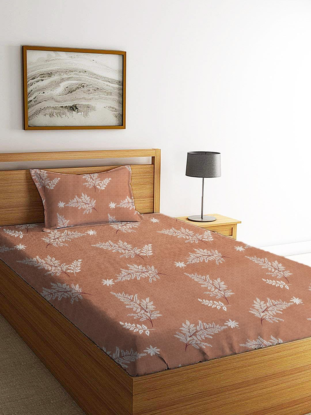 Home Stylish 280 TC Floral Print Ezyption Cotton 1 Single Bedsheet with 1 Pillow Cover Brown