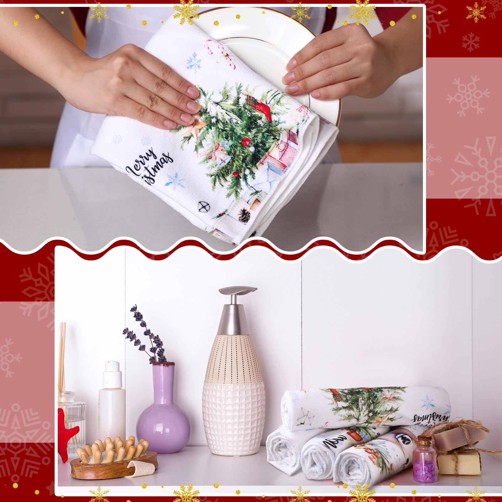 Preboun Weihnachtstücher-Set – 4 Stück, 43x66 Cm, Mikrofaser, Mit Schneemann, Rentier & Weihnachtsmotiven, Für Küche & Deko