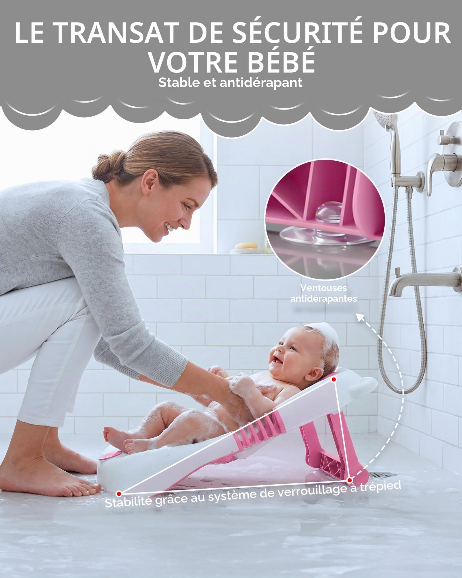 Baignoire pliable pour bébé avec support, siège de bain nouveau-nés, ventouses antidérapantes 0-6 mois