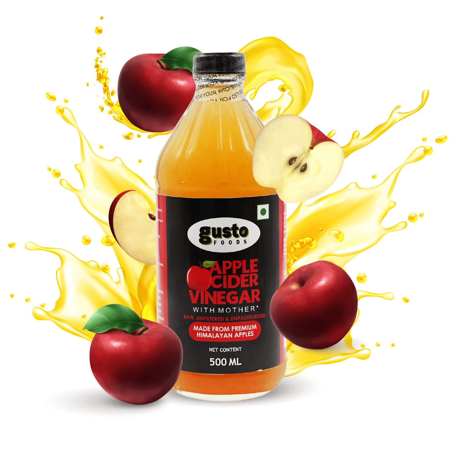 Gusto Foods Apple Cider Vinegar with the Mother (500ml) | Raw, Unfiltered, Unpasteurized ACV | Premium Himalayan Apple Cider Vinegar (Pack of 1)