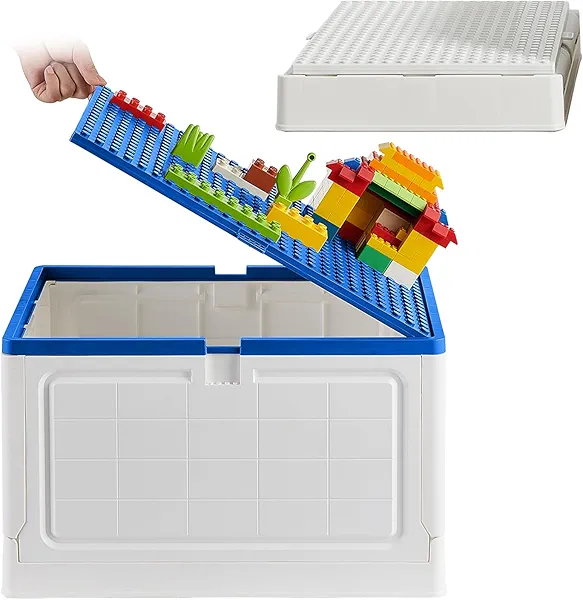 Toy Box Toy Chest with Building Lid for Duplo Blocks,38 Qt.Foldable Storage Bins with Drawing Board,36L Lego Storage Box for Boys and Girls,Lego Storage Organizer(2 PACK Blue+White)