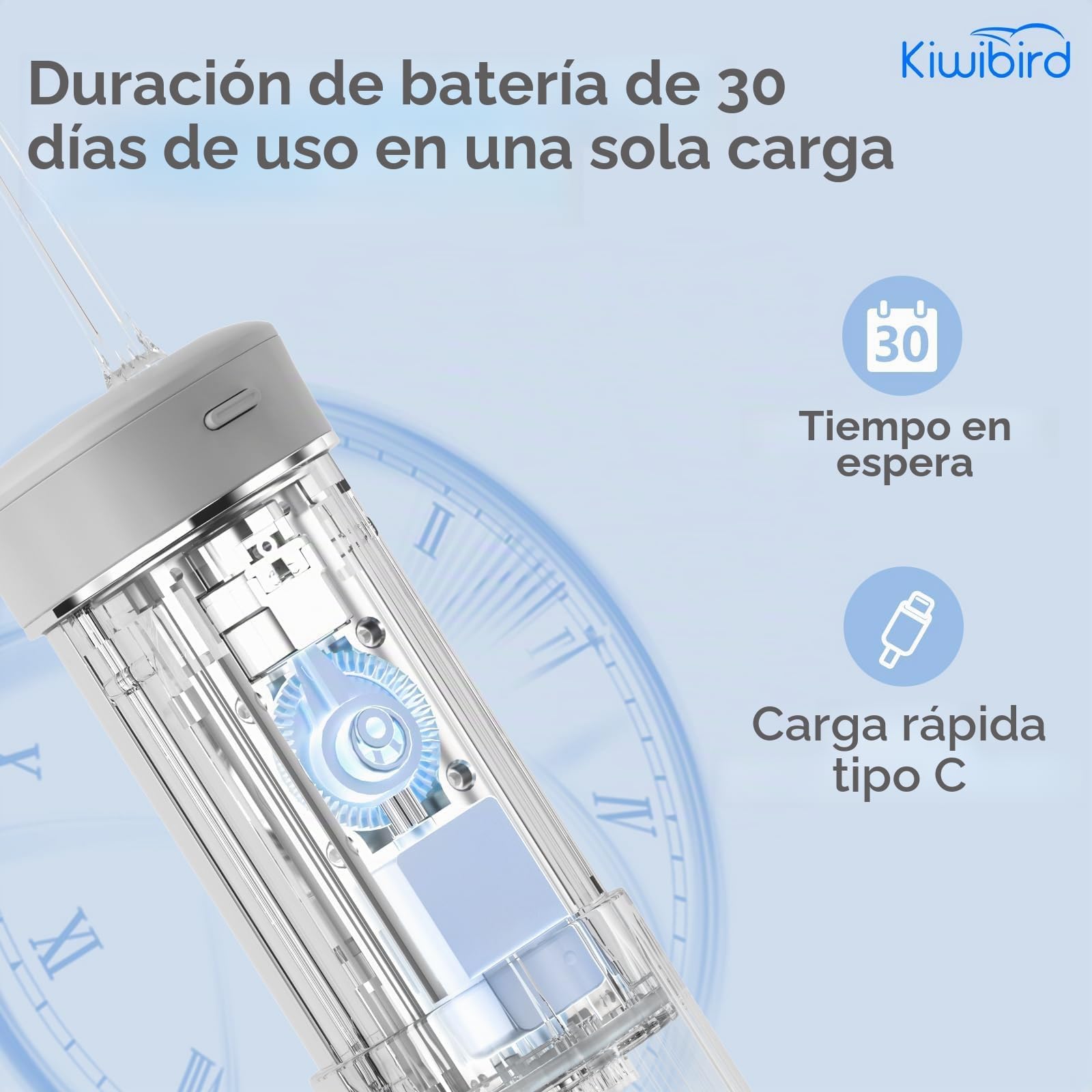 KIWIBIRD Mini irrigador bucal de agua para viajes, irrigador oral inalámbrico ultra portátil con luz UVC, IPX8 impermeable 3 modos, limpiador de dientes de 230 ml para cuidado de piedras de amígdalas