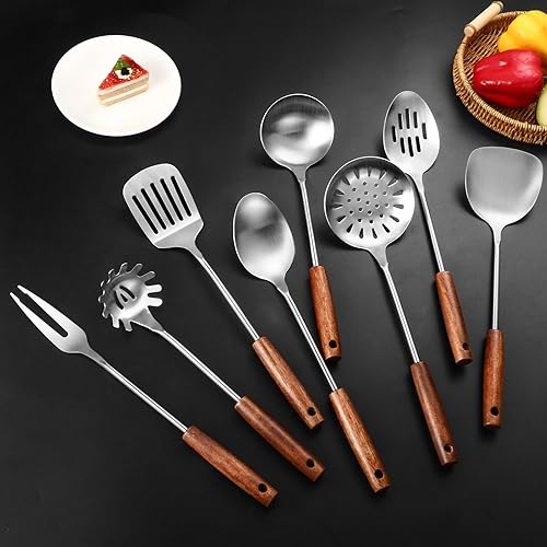 Miniatura 2 de Juego de utensilios de cocina de acero inoxidable 304 con mango de madera, 8 piezas de metal largo resistente al calor utensilios de cocina