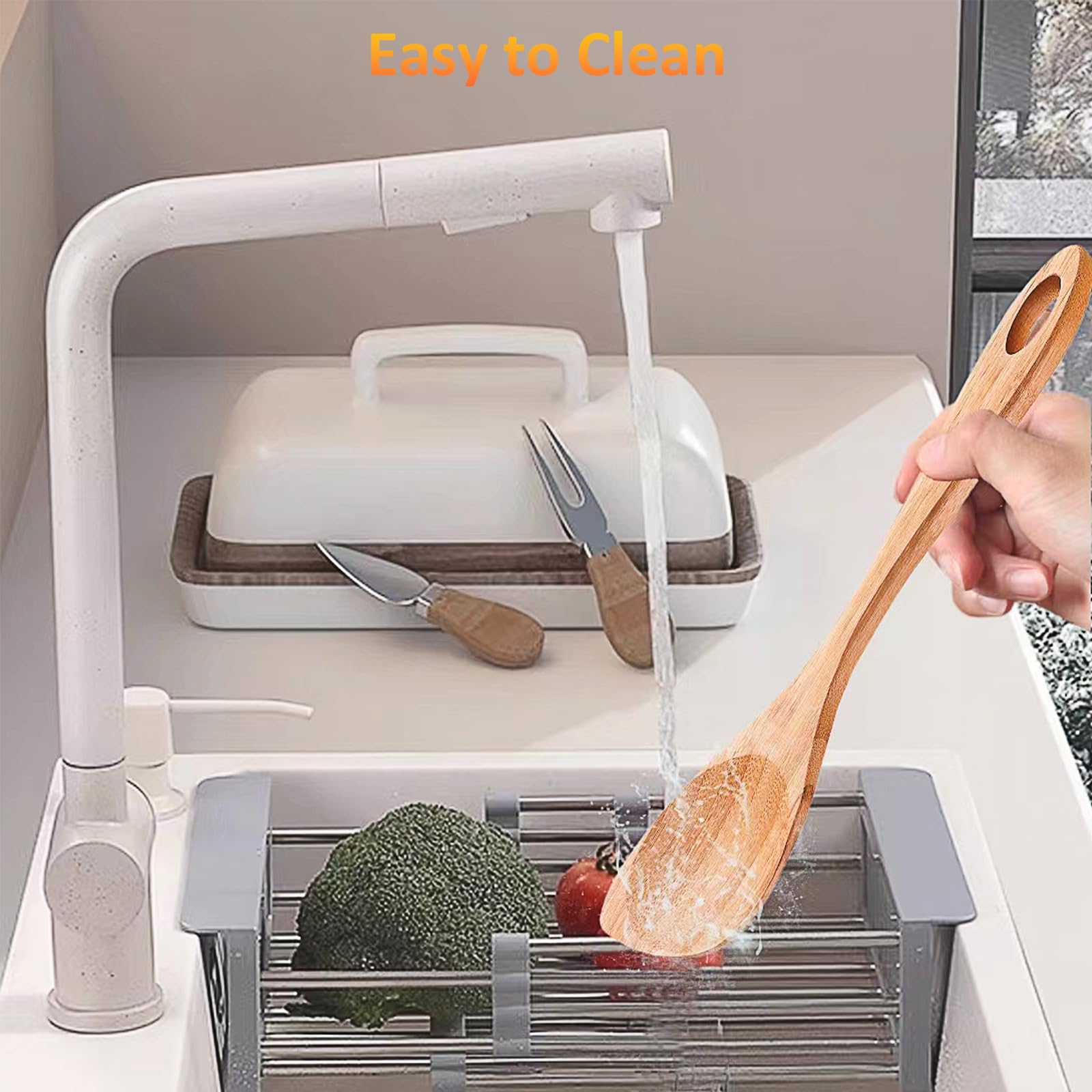 2 cucharas de madera de bambú para cocinar, cuchara de esquina de madera, espátula de bambú, con ganchos adhesivos, cuchara de cocina de madera para cocinar en casa, utensilios de cocina