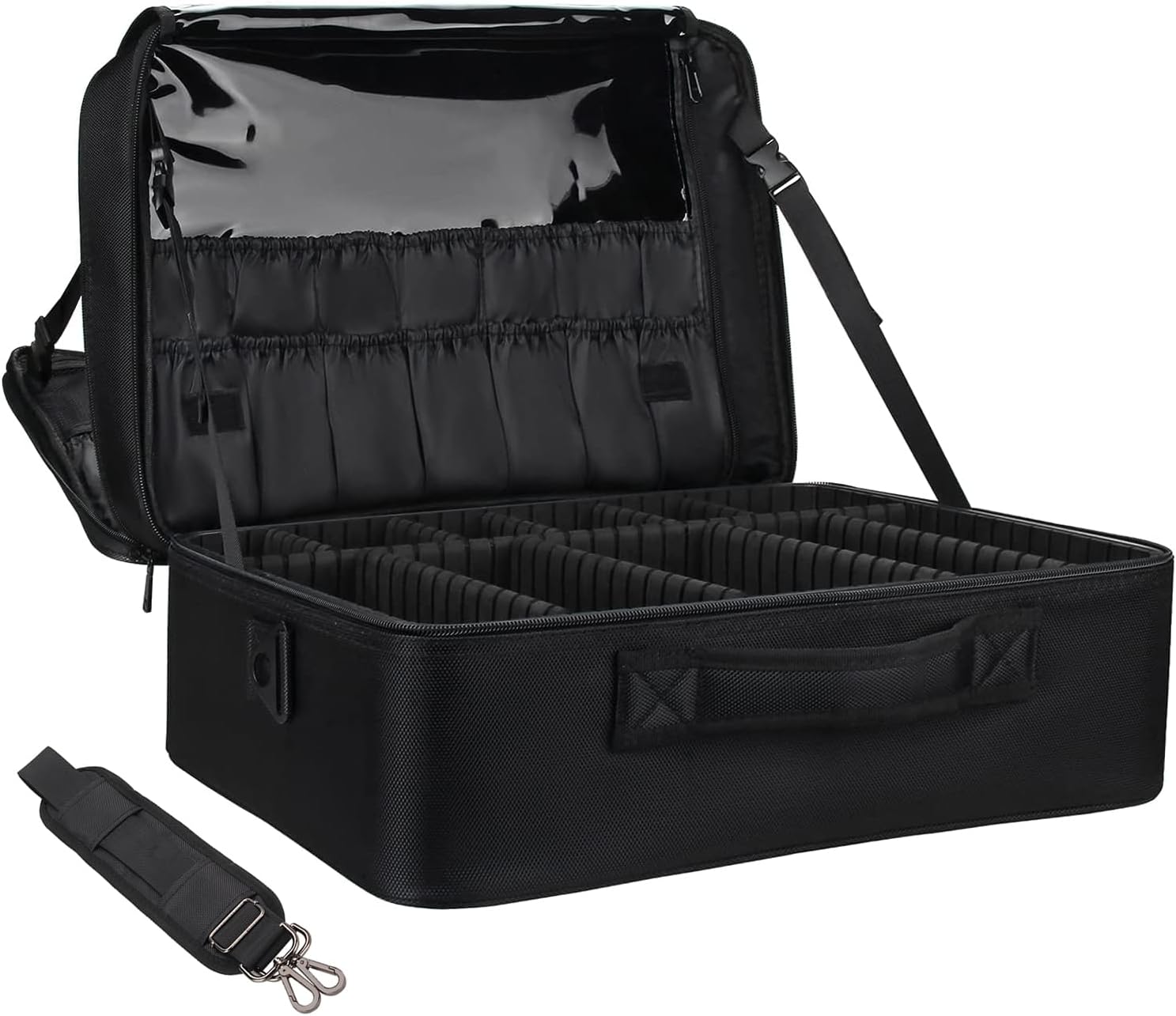 Relavel Extra Large Makeup Case, Professional Makeup Artist Bag Double Layer Compartment Cosmetic Travel Organizer Bag Makeup Brush Storage Holder with Adjustable Dividers and Shoulder Strap, Black