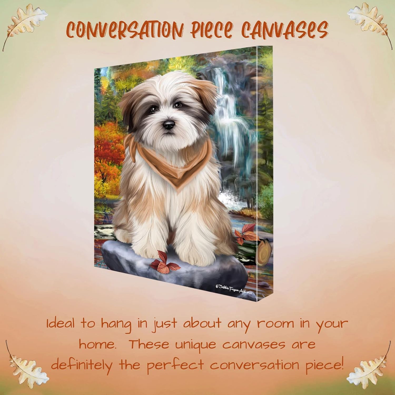 Waterfall with Tibetan Terrier Dogs Canvas Wall Art - Premium Quality Ready to Hang Room Decor - Black Floating Framed 24" x 36"