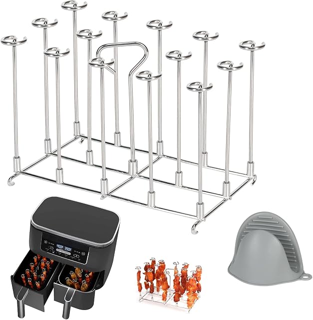 BYKITCHEN Skewer Stand for Ninja Dual Air Fryer, Stainless Steel Kebab Rack for AF300UK/AF400UK Accessories,Compatible with Ninja 7.6L/Salter/Instant/EMtronics 9L Double Drawer Fryer
