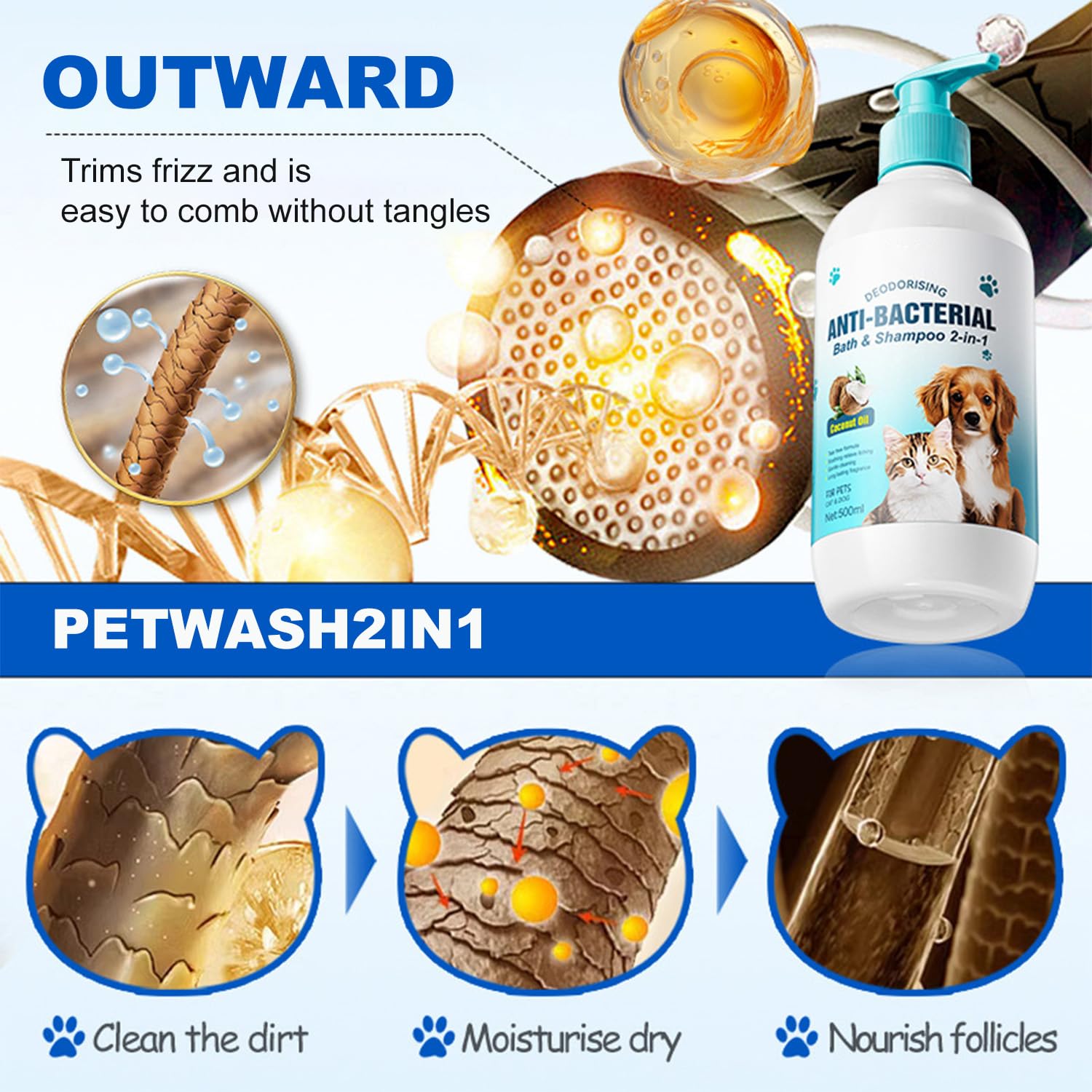 Szampon i odżywka 2 w 1, 500 ml, delikatny szampon do pielęgnacji sierści, oczyszcza i nawilża skórę, delikatna formuła dla szczeniaków, z olejkiem kokosowym, szampon do kąpieli zwierząt domowych dwa