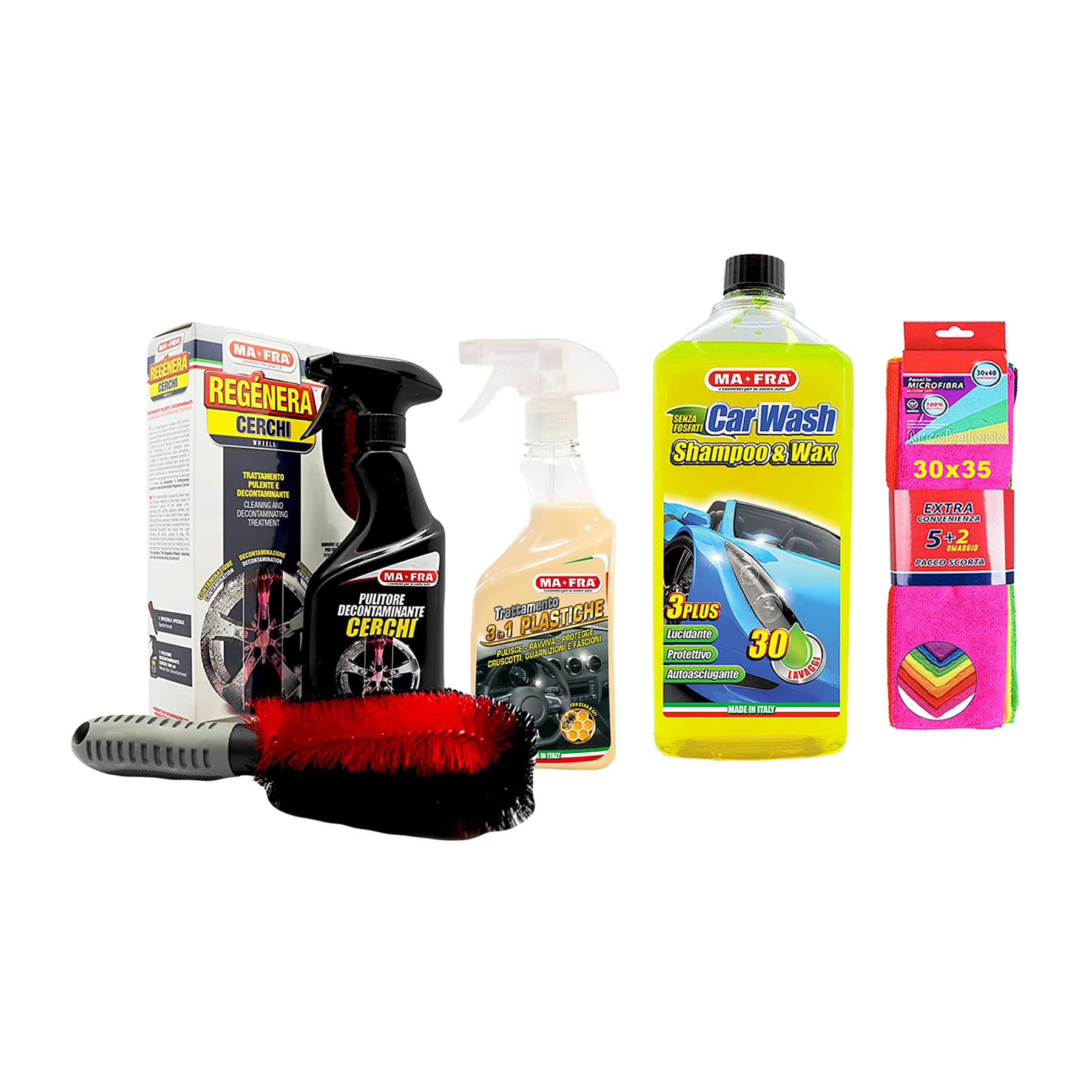 Ma-Fra Kit Trattamento Auto Interno ED Esterno. Regenera cerchi -Car Wash Shampoo e Cera- Trattamento 3IN1 PLASTICHE più 7 Panni Microfibra Multiuso 30x35 cm