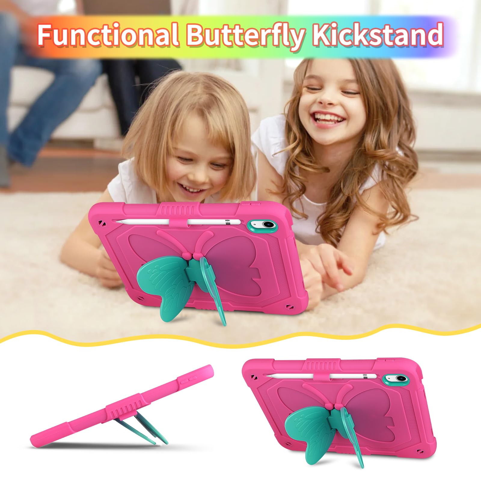 WESADN Étui robuste antichoc pour iPad 10e génération 2022 avec protecteur d'écran, béquille papillon, dragonne, porte-clés, porte-crayon, pour iPad 10e génération 10,9", rouge rose