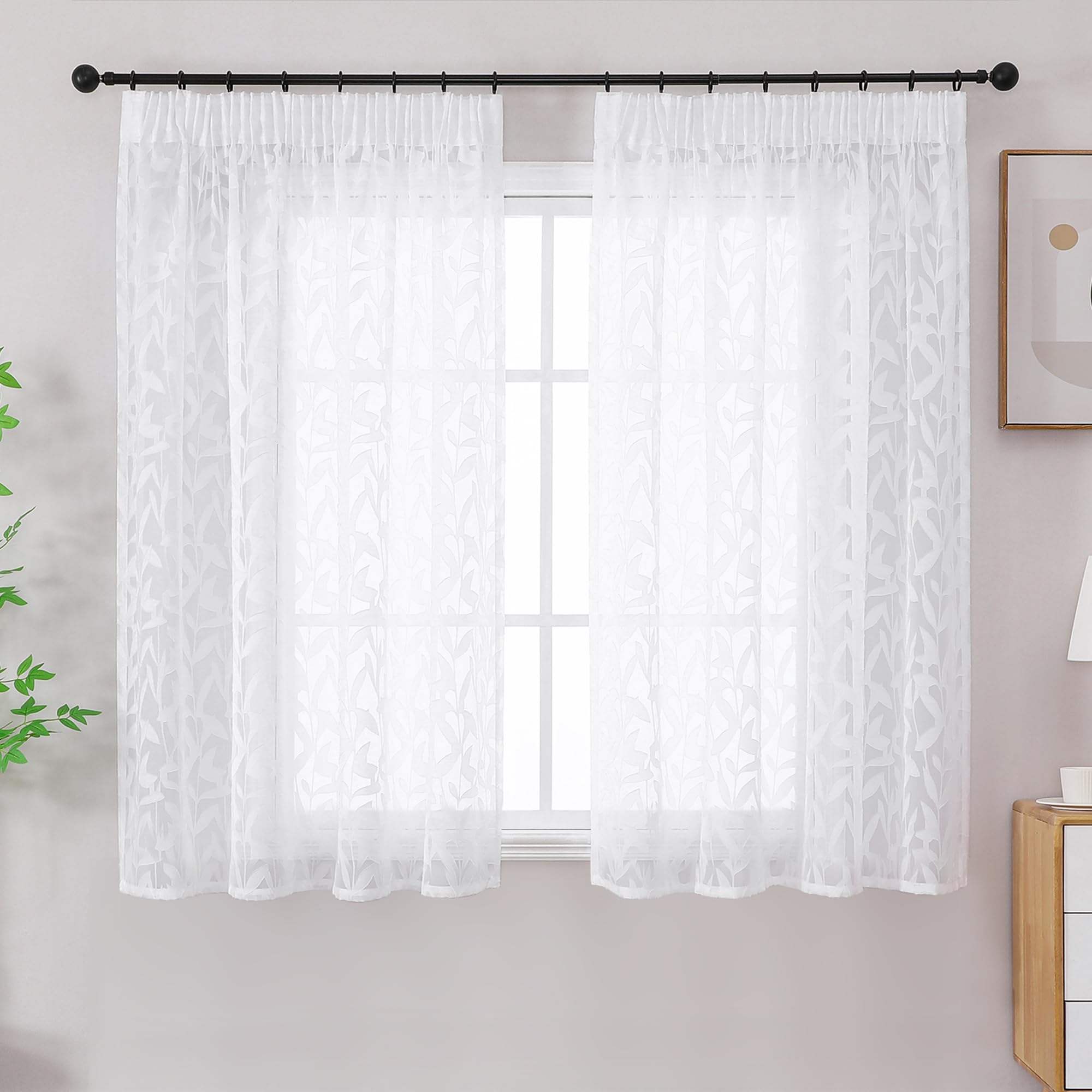 Simplebrand White Sheer Curtains 2 Panels W140 x L137cm, Leaf Clip Jacquard Voile Curtains, Pencil Pleat Semi-Sheer Window Drapes for Living Room Bedroom Kitchen Home Decor