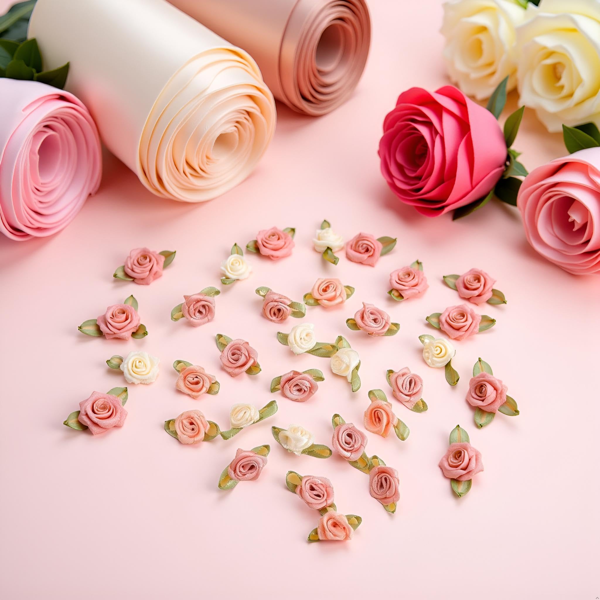 Photo 1 of 100 Pcs 15mm Multicoloured Mini Rose Flowers Satin Ribbon Bows Appliques DIY Sewing Craft Accessories Wedding Bride Gift Decoration, Fabric Ribbons