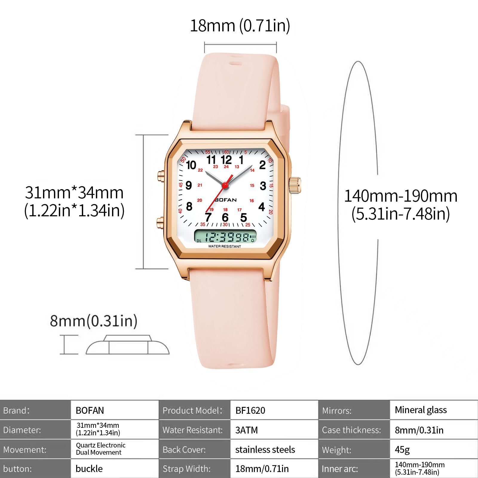 BOFAN Orologio da infermiere doppio display per infermieri, professionisti medici, studenti, donne, uomini, 24 ore con lancetta dei secondi, data, sveglia, cronometro, cinturino in silicone