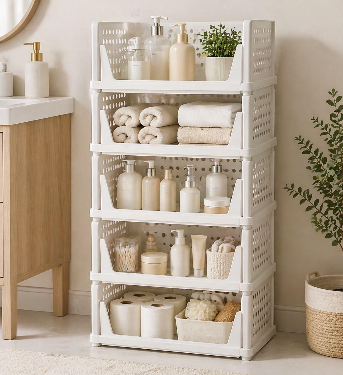 5 Pack Stackable Closet Storage Basket - Stackable Storage Bins, Multifunctional & Foldable Closet Organizer Waterproof, bathroom cabinet organizer,rv closet shelves, white stackable storage bins