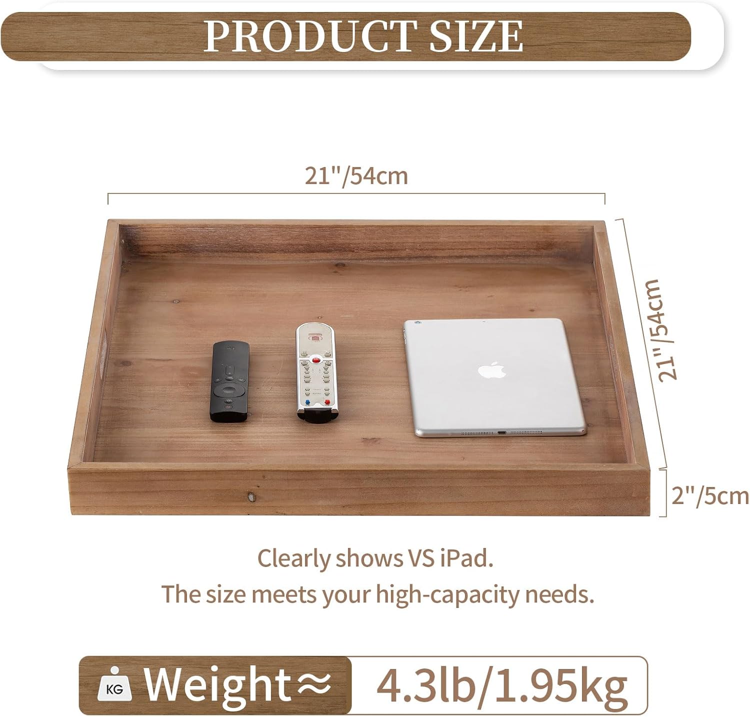 Hanobe Square Large Ottoman Tray: Extra Large Serving Wooden Trays Rustic Decorative Tray for Ottoman Coffee Table with Handles for Living Room Brown