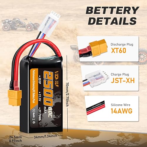 Miniatura 3 de 3S Lipo Batería 2500mAh 11.1V 80C Alta tasa de descarga Shorty Pack Baterías RC con XT60 Plug Fit para RC Avión FPV Quadcopter Helicóptero Drone y