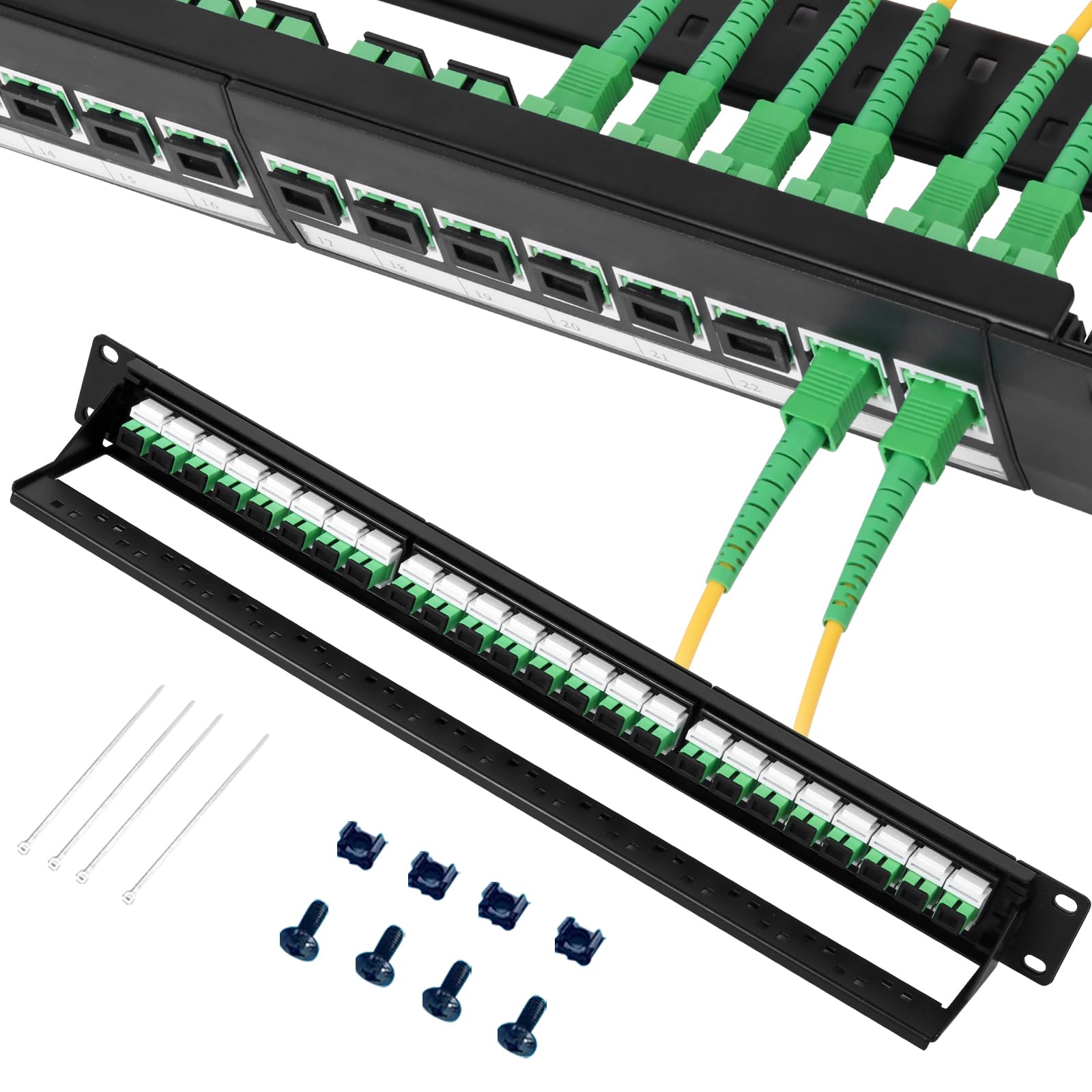 1U Fiber Patch Panel with 24 SC APC Singlemode Fiber Optic Adapters Couplers Keystone Jack Modular with White Inline Keystone,Single Mode Connectors SM for Standard 19" Racks, 1pack