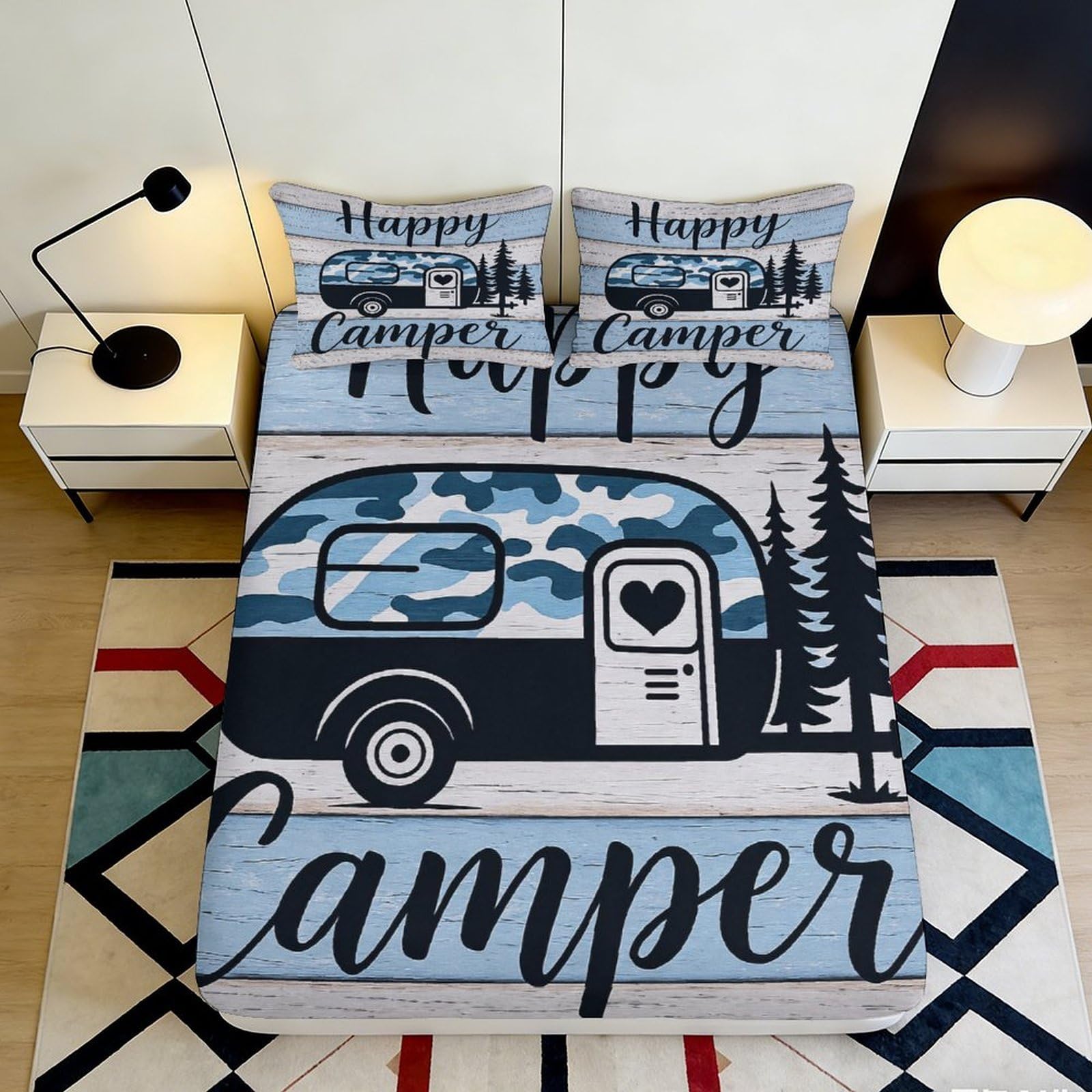 3D Printed Camper Van Fitted Sheet Microfiber Blue Scenic Forest Bed Cover for Bedroom Guestroom Decor Protection 90x200x25cm