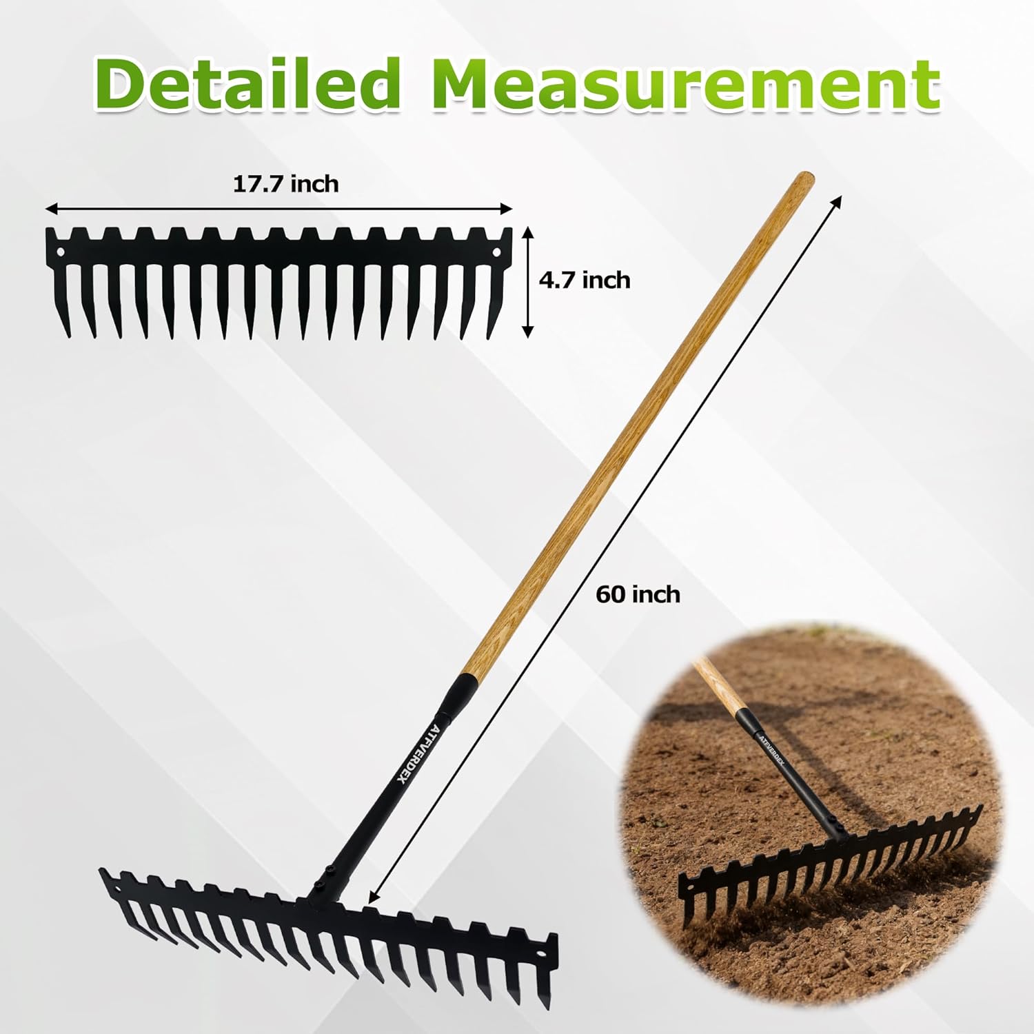 Garden Rake,60" Wooden Handle with 17-Tine Metal Bow Rake,Rock Rake Heavy Duty for Loosening Soil,Leveling Gravel,Clearing Fallen Leaves,Removing Sod and Landscaping