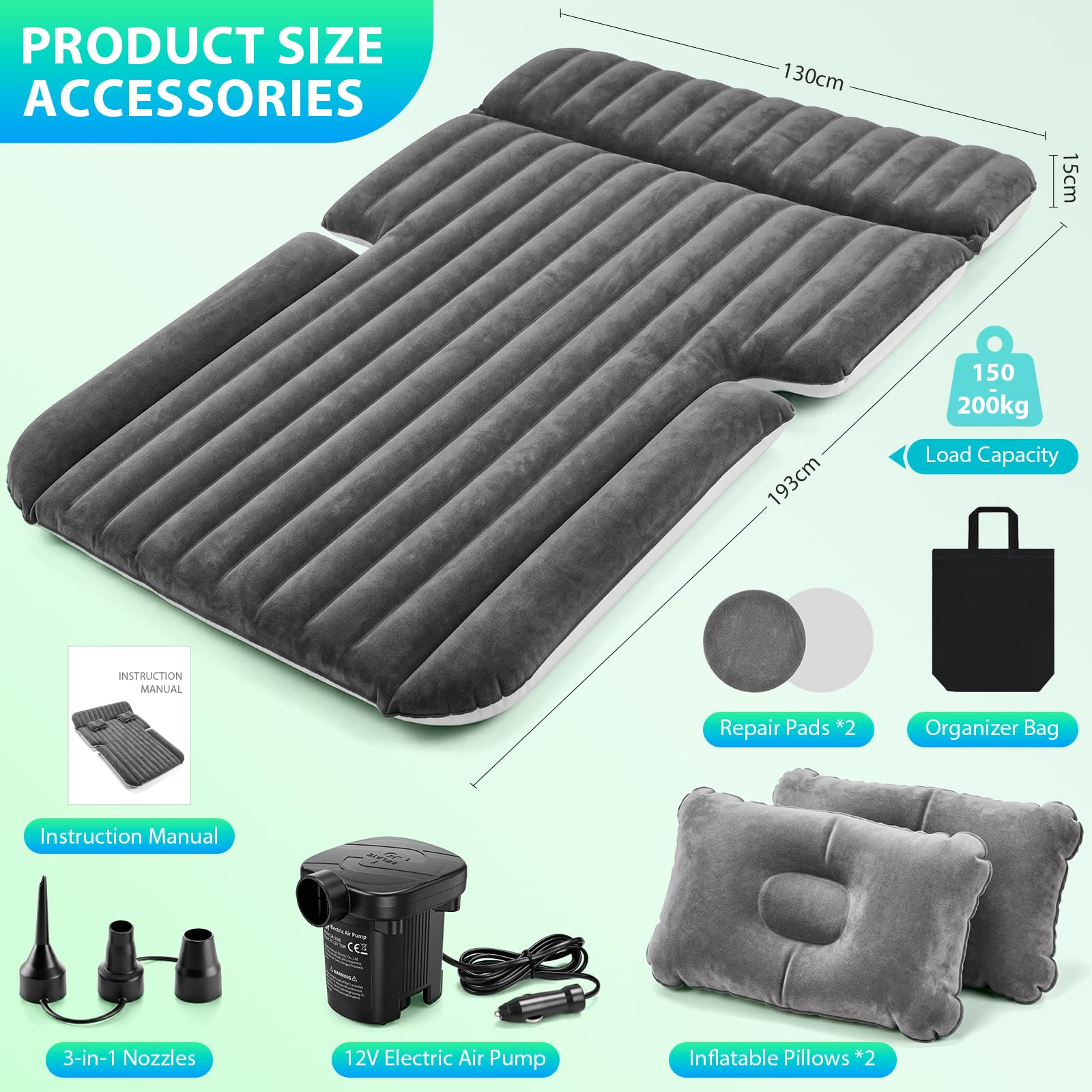 Aissom Colchón para Coche, 193 * 130cm Colchón de Vehículo, Colchón para Coche Hinchable con 12V Bomba de Aire y 2 Almohada, para Cama del Asiento Trasero del Coche y SUV, Viajes/Camping/Casa/Outdoor