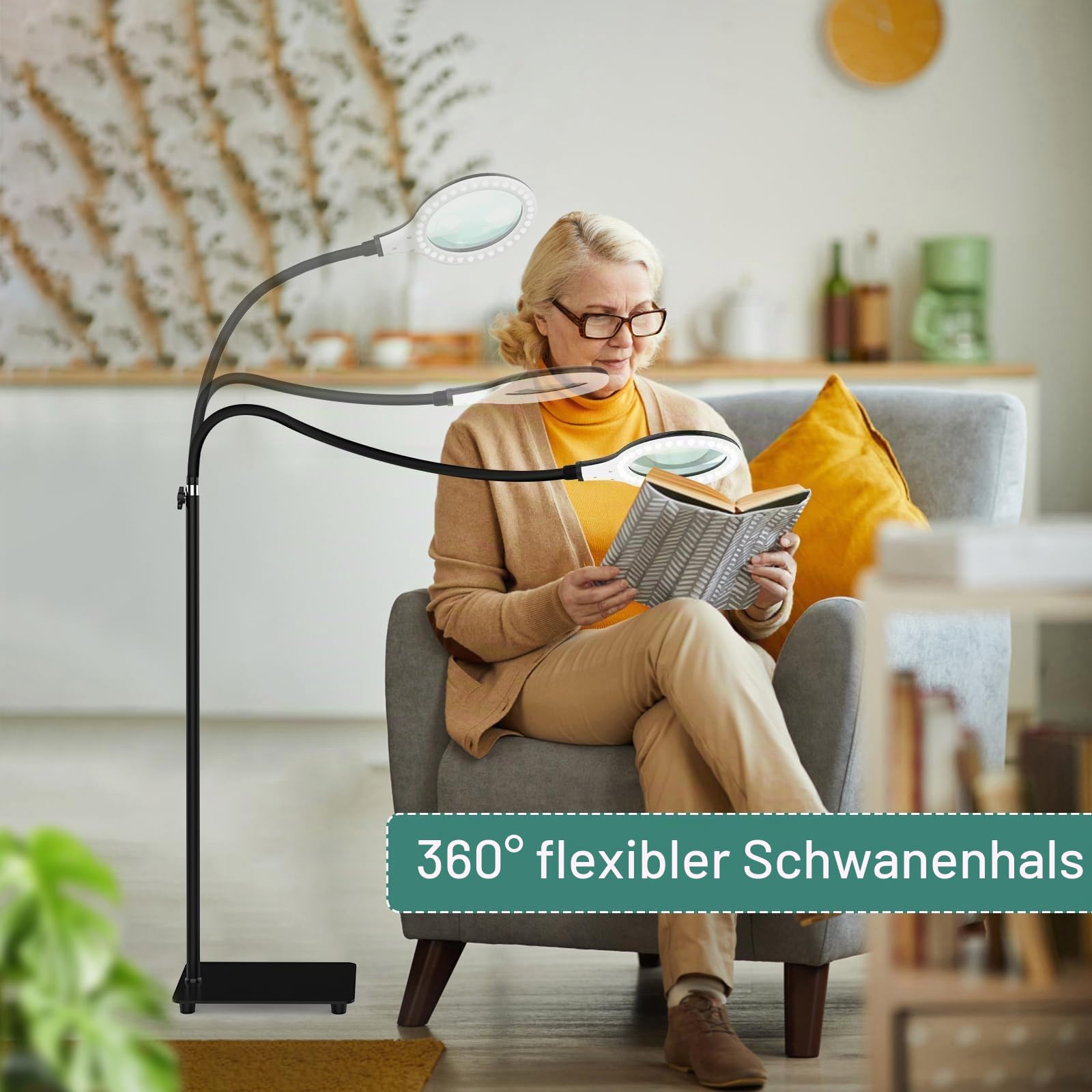 5X Lupe mit Licht und Ständer,Vergrößerungs-Schreibtischlampe mit flexiblem Schwanenhals, dimmbare Lupe mit hellem 54 teiliger LED-Licht zum Arbeit Lesen Hobbys Nähen Basteln Schwarz