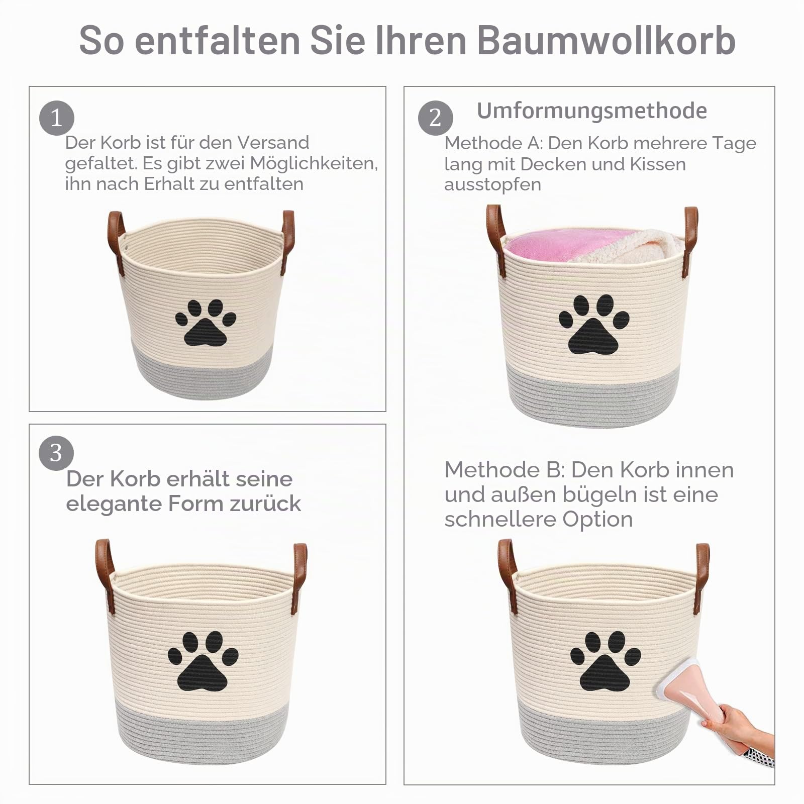 MOREZI Runder Hundespielzeugkorb,aus Baumwollseil,mit Griff, leicht zu bewegen.Geeignet zum Aufbewahren von Haustierbedarf und Haustierspielzeug-Beige Grau