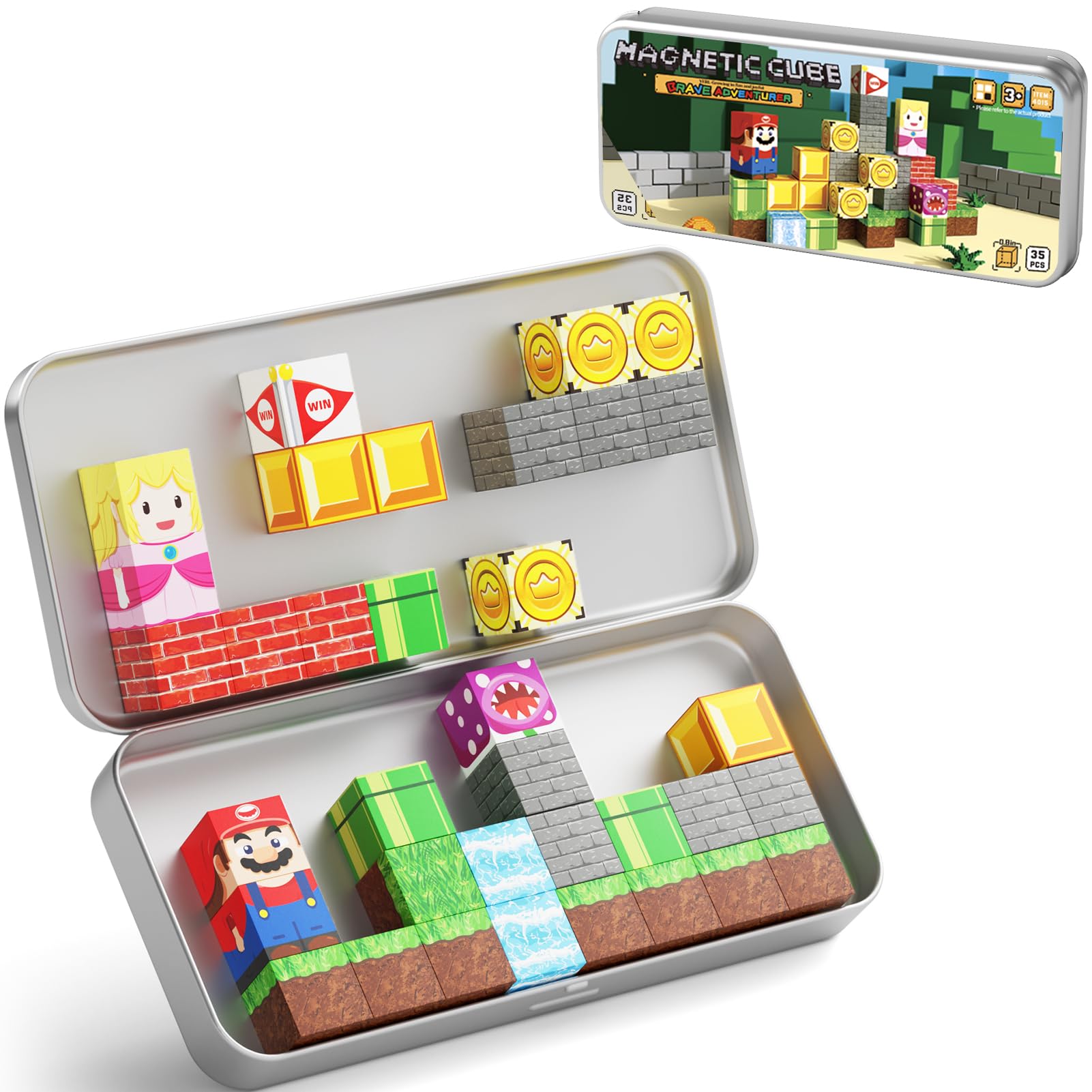 STEM MATCH Mattoncini magnetici da viaggio per bambini, scatola in ferro portatile giocattolo da costruzione magnetico regalo per bambini dai 3 anni in su (35pcs Avventurieri coraggiosi)