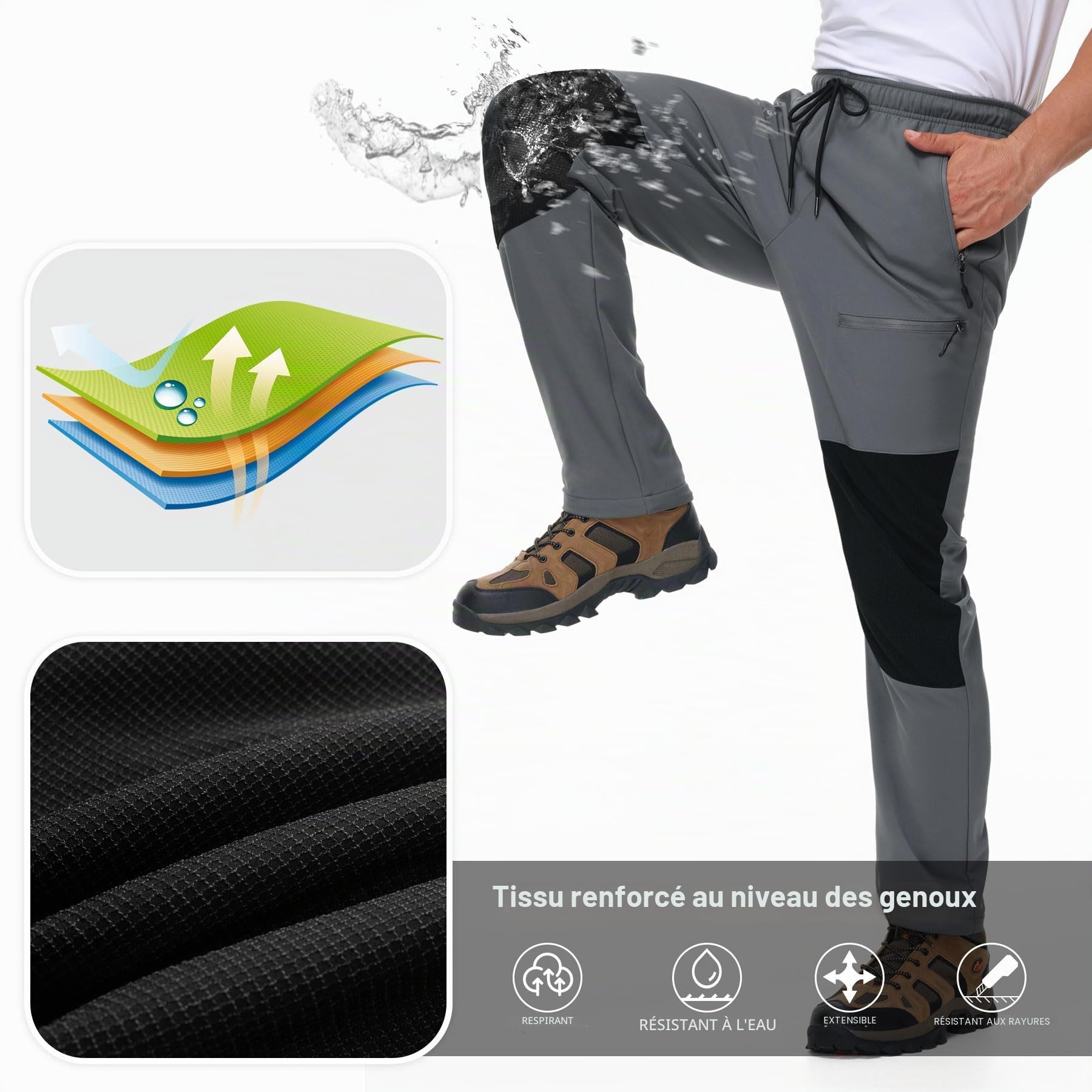 MOCOLY Pantalon Randonnée Chaud Hiver Homme pour Ski Neige Snowboard Chasse | Thermique Taille Elastique Pantalon Softshell Cargo Doublé Polaire Pantalons pour Marche Trekking Travail