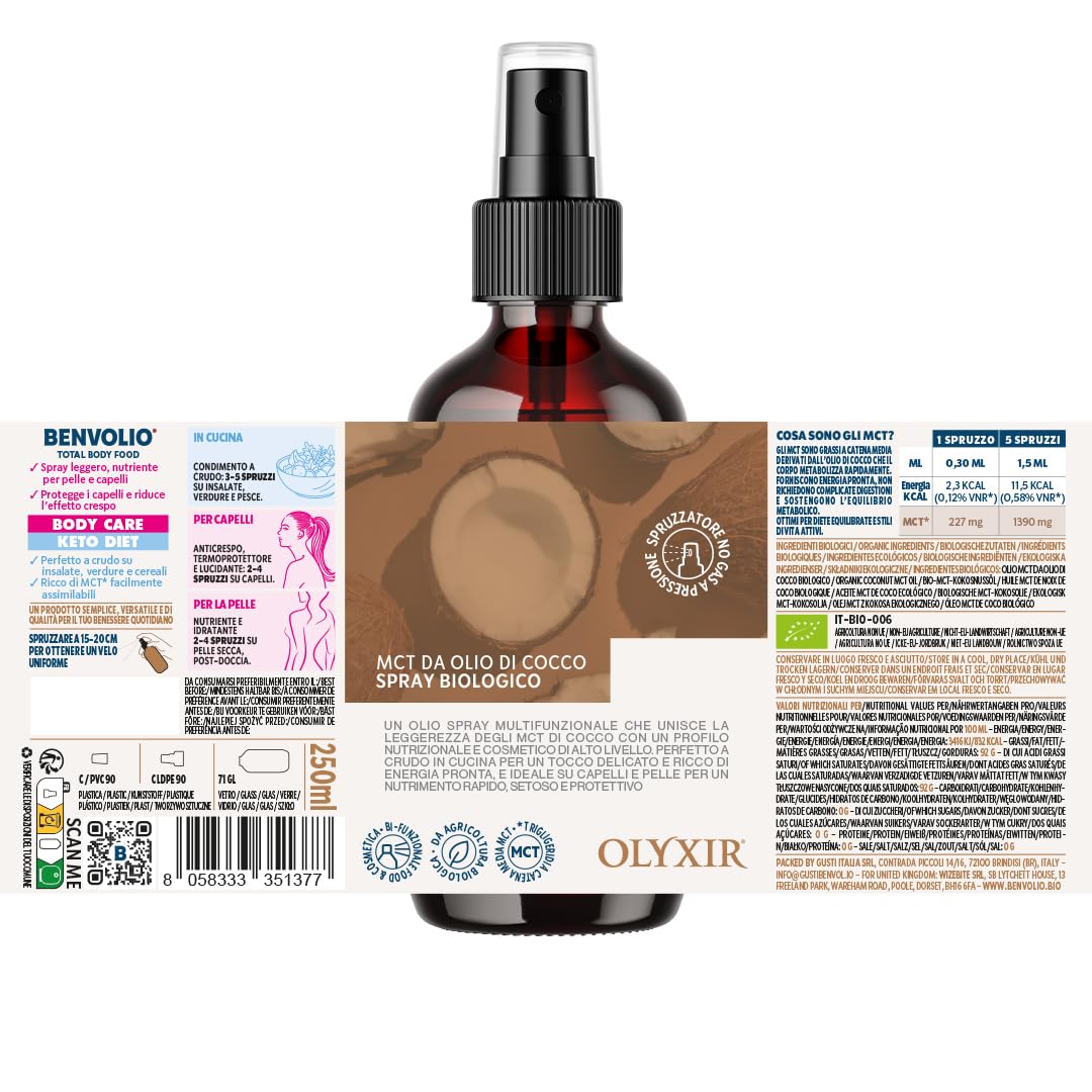 Benvolio Spray MCT Aceite de Coco Bio 250ml – Keto & Paleo – Antifrizz, Energía Rápida