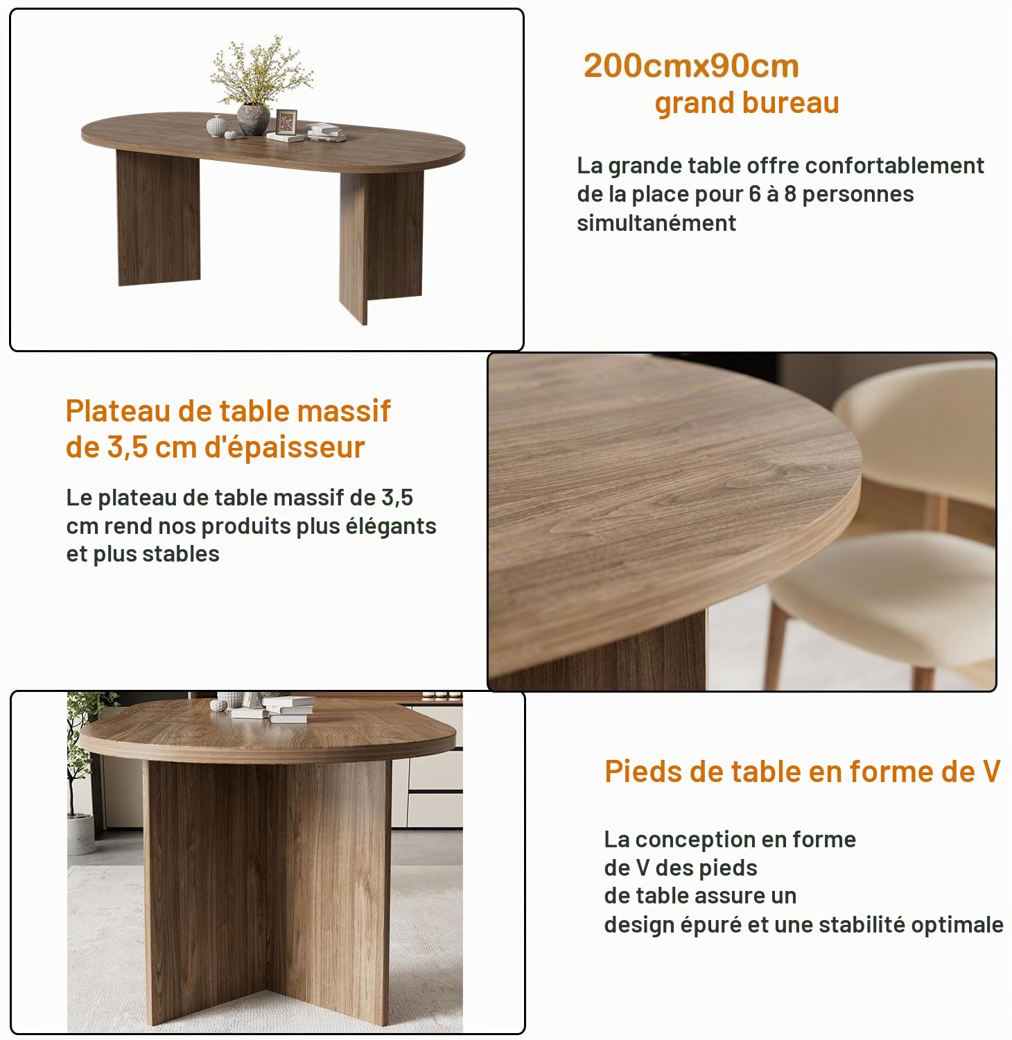 MSFE Table à Manger Ovale en Bois, 190x90x76cm, 6-10 Personnes, Tables à Manger Bois, Esszimmertisch, Tables de Cuisine, Pieds de Table en Forme de V,pour Salle à Manger,Salle de Réunion,Salon